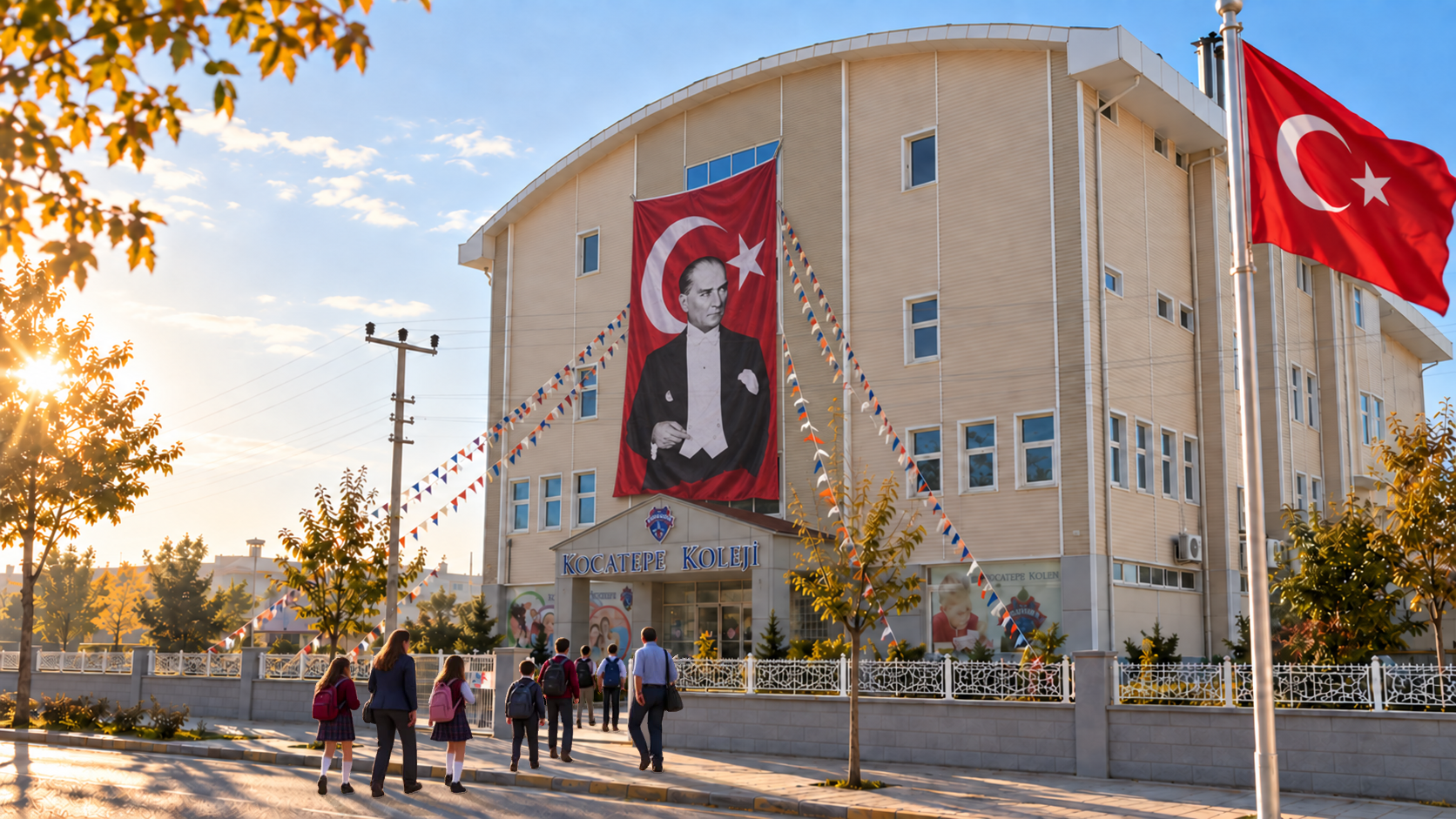 Kahramankazan Kocatepe Koleji önünde öğretmenler ve öğrenciler; Türk bayrağı, Atatürk bayrağı ve okul flamaları